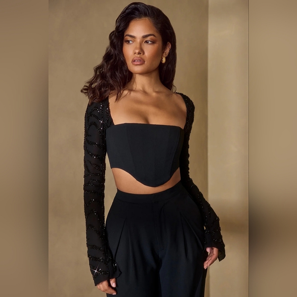 Oh Polly Black Beaded Long Sleeve Crop Top